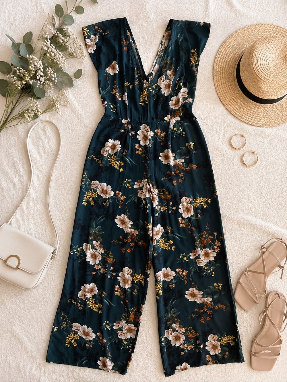 Sage The Label Floral Wide Leg Jumpsuit Teal Blue Rust V-Neck Boho